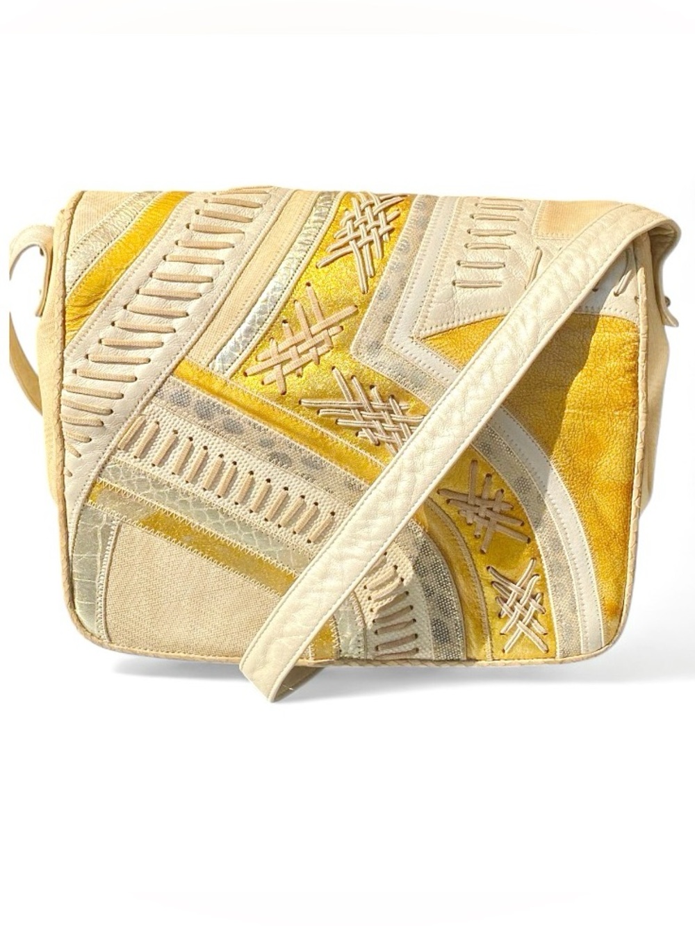 Vintage Sharif Beige Yellow Patchwork Leather Flap Bag Metallic Accent